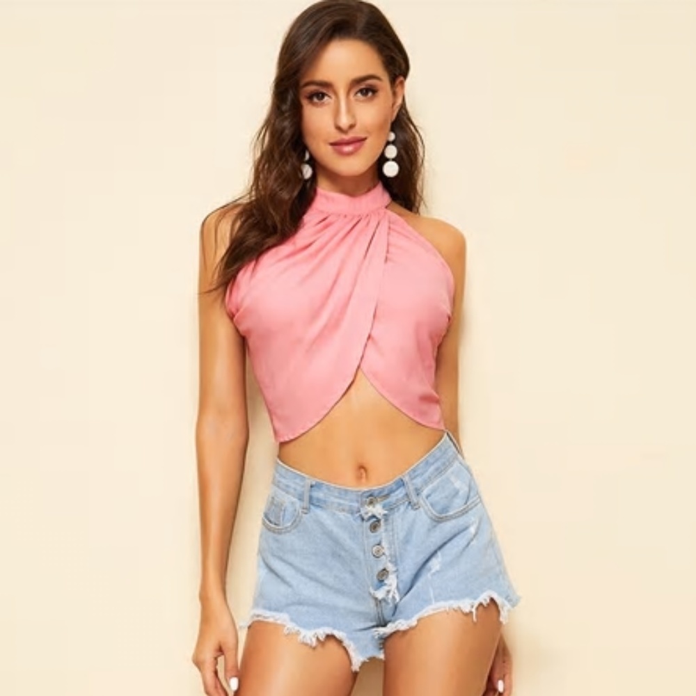 Pink Surplice Crop Top